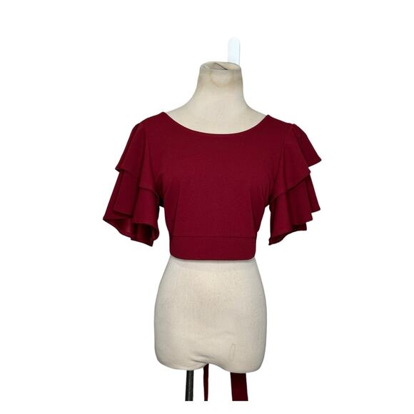 Cameo red short bell sleeves back tie crop blouse size Large - Picture 10 of 12